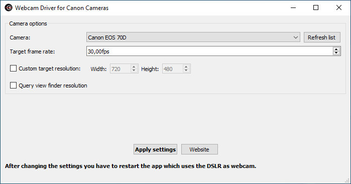 Webcam driver for Canon DSLR