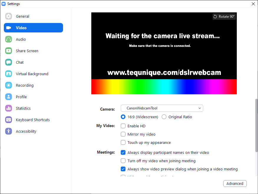 Canon webcam driver in Zoom app